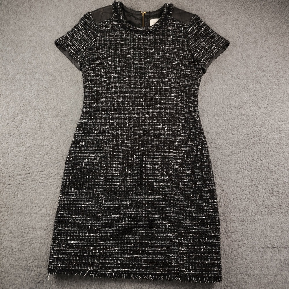Kate Spade Dress Wool Blend Sz 4 Tweed Lamb Leather Trim Black White EUC